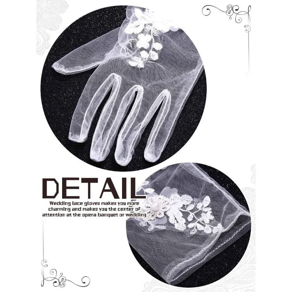 Women's White Floral Lace Halloween Flower Embroidery Gloves Tulle Party Prom